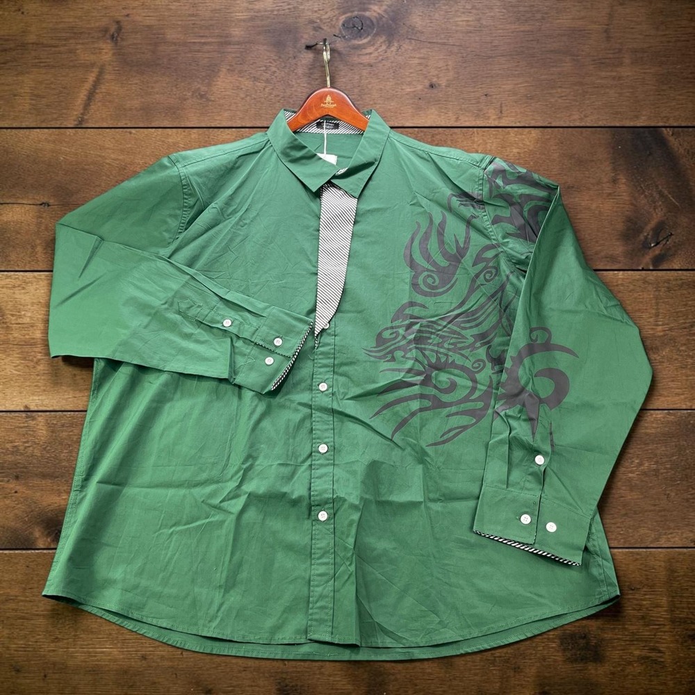 NEW Coofandy Mens 3XL Green Button Up Shirt Grey Tribal Dragon Graphic